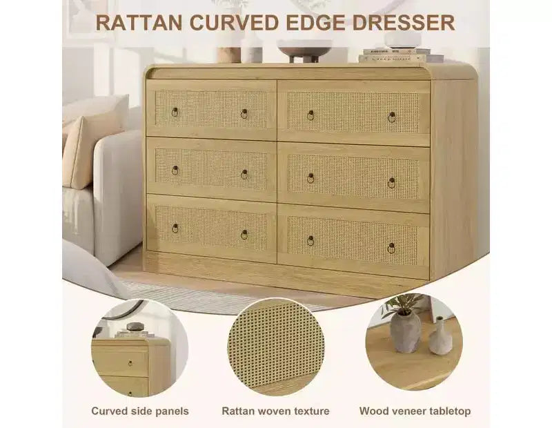 Commode en rotin de 117 cm de large, commode à 6 tiroirs, commode moderne, pour chambre à coucher, salon