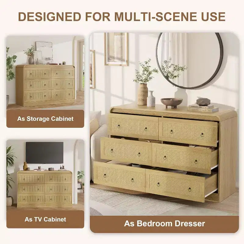 Commode en rotin de 117 cm de large, commode à 6 tiroirs, commode moderne, pour chambre à coucher, salon