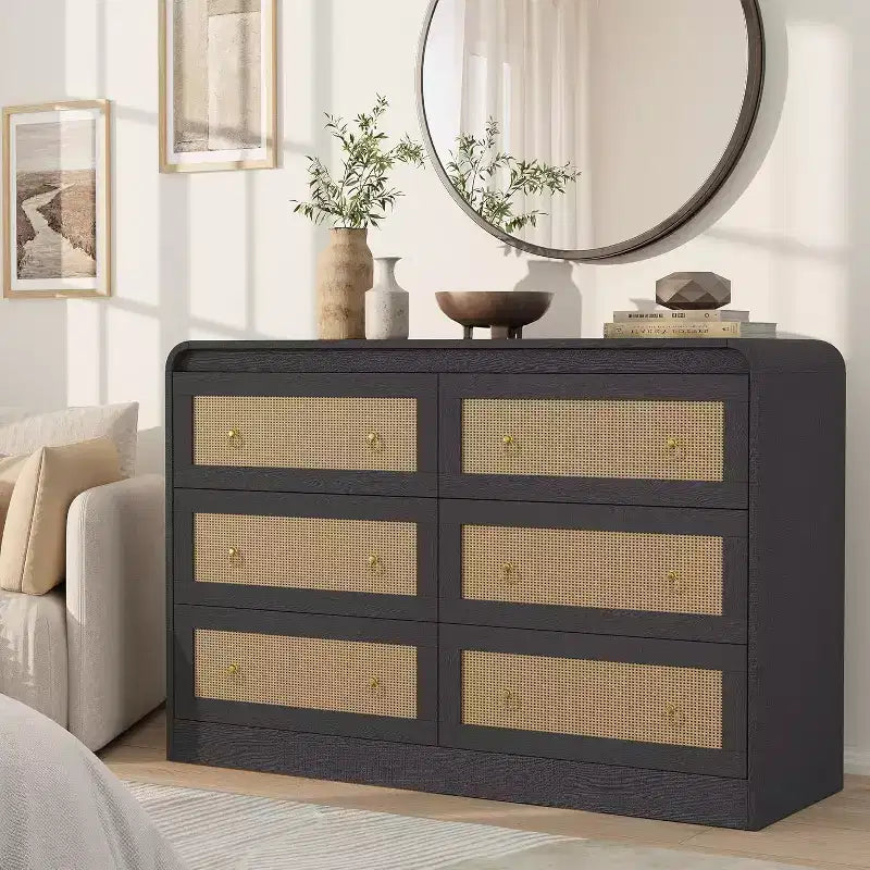 Commode en rotin de 117 cm de large, commode à 6 tiroirs, commode moderne, pour chambre à coucher, salon