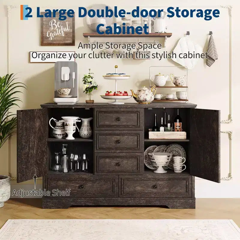 Buffet de ferme avec 5 tiroirs et 2 portes, meuble de bar à café en bois, étagères réglables, pour salle à manger, salon