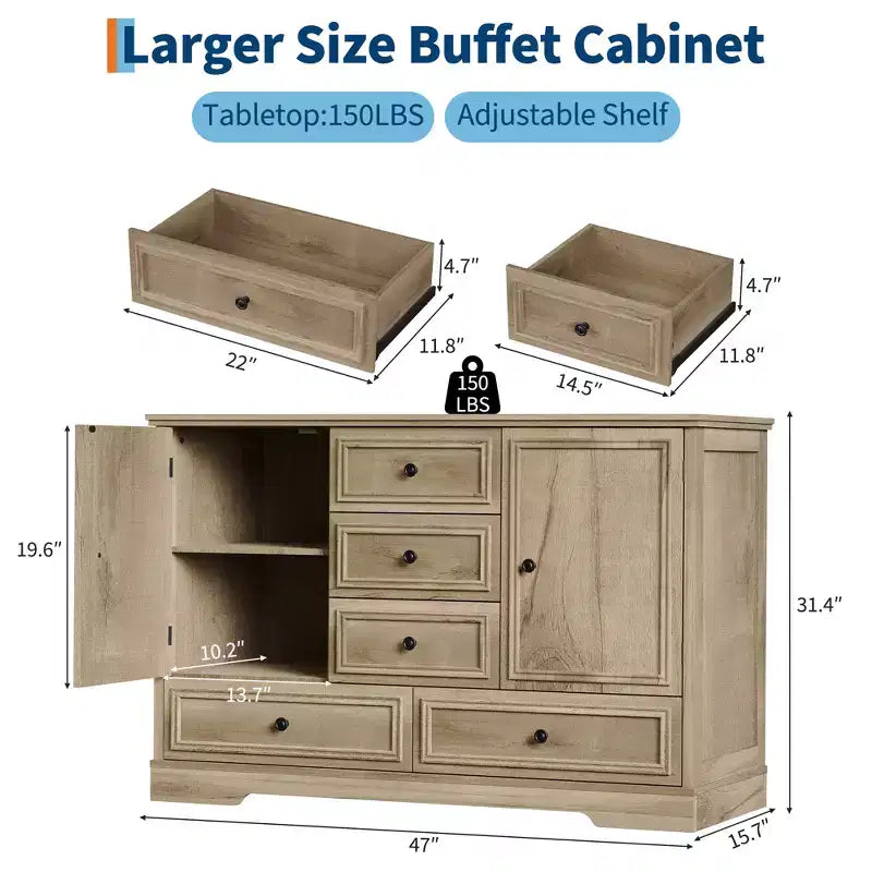 Buffet de ferme avec 5 tiroirs et 2 portes, meuble de bar à café en bois, étagères réglables, pour salle à manger, salon