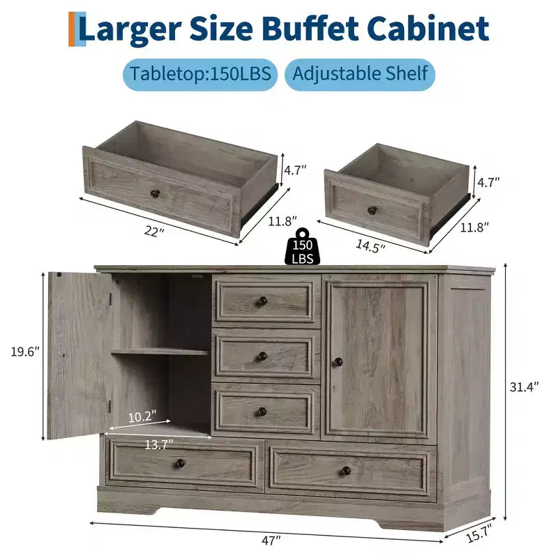 Buffet de ferme avec 5 tiroirs et 2 portes, meuble de bar à café en bois, étagères réglables, pour salle à manger, salon