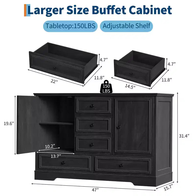 Buffet de ferme avec 5 tiroirs et 2 portes, meuble de bar à café en bois, étagères réglables, pour salle à manger, salon