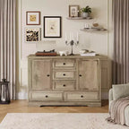 Farmhouse Sideboard Buffet Cabinet with 5 Drawers and 2 Doors, Wood Coffee Bar Cabinet, Adjustable Shelves, for Dining Room, Living Room