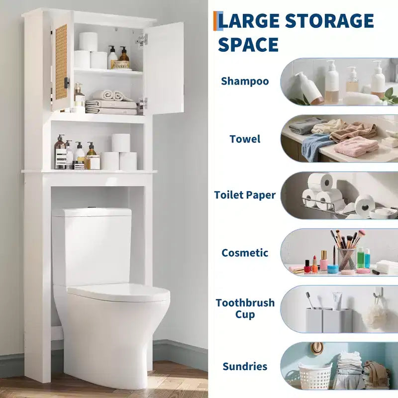 Meuble de rangement 66H au-dessus des toilettes, organisateur de salle de bain peu encombrant avec étagères réglables, 2 portes en rotin, montage facile, étagère de toilette autoportante