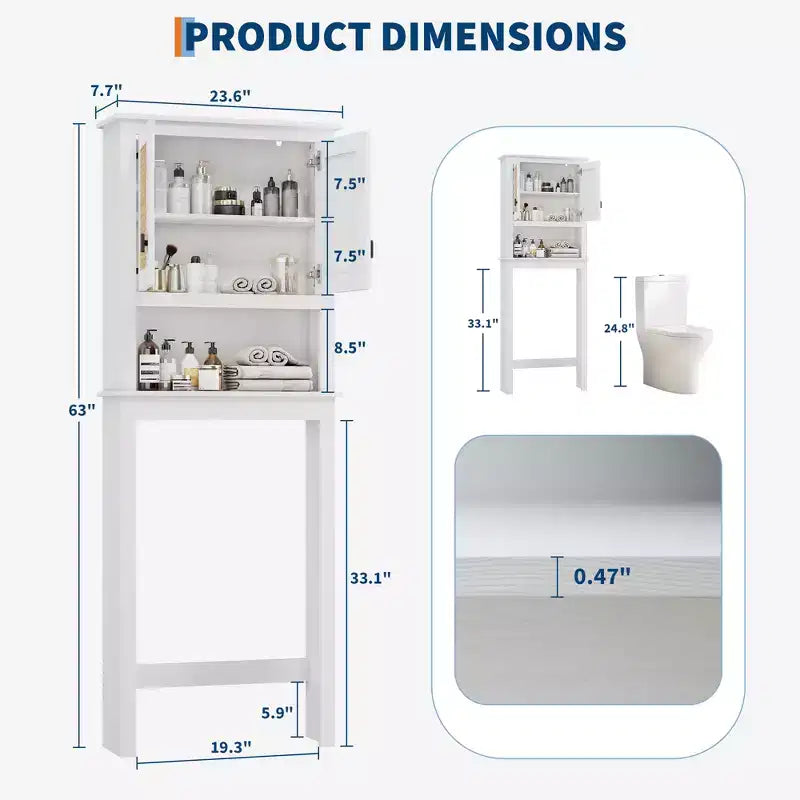 Meuble de rangement 66H au-dessus des toilettes, organisateur de salle de bain peu encombrant avec étagères réglables, 2 portes en rotin, montage facile, étagère de toilette autoportante