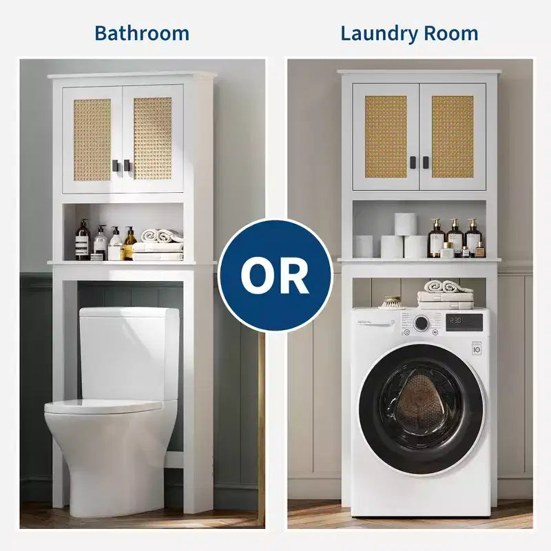 Meuble de rangement 66H au-dessus des toilettes, organisateur de salle de bain peu encombrant avec étagères réglables, 2 portes en rotin, montage facile, étagère de toilette autoportante