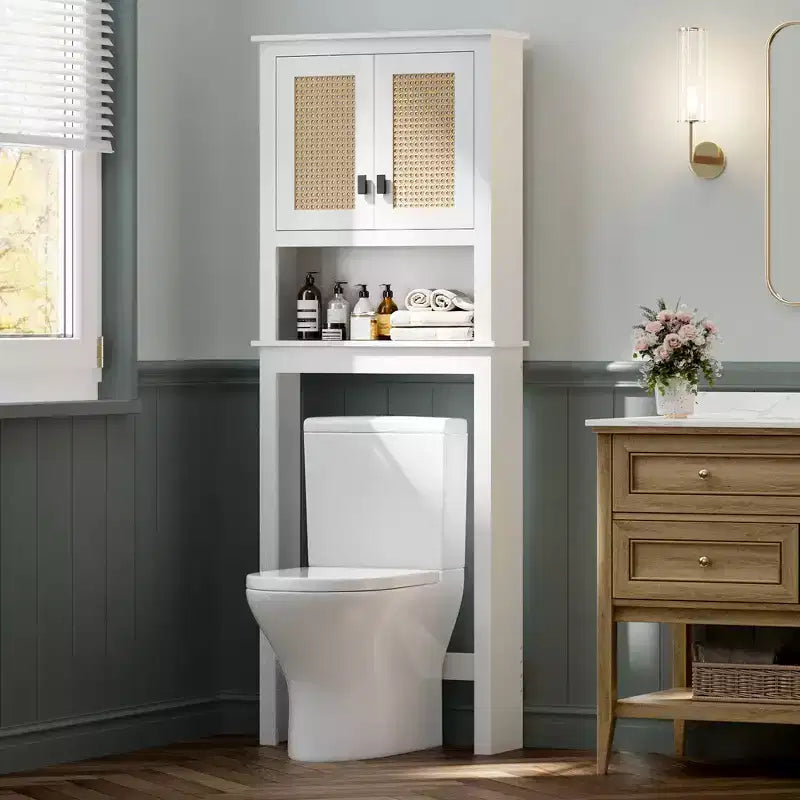 Meuble de rangement 66H au-dessus des toilettes, organisateur de salle de bain peu encombrant avec étagères réglables, 2 portes en rotin, montage facile, étagère de toilette autoportante