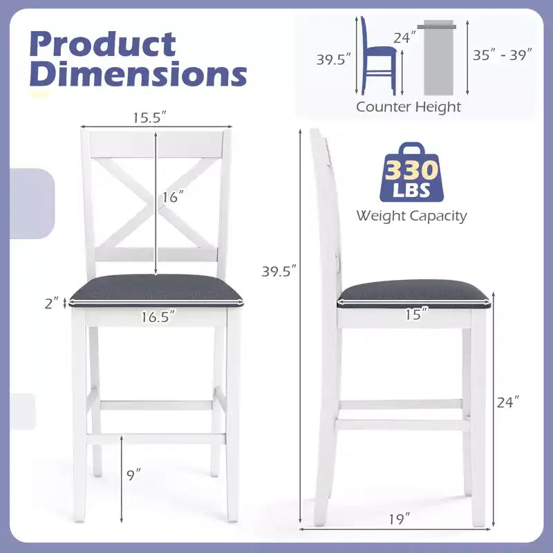 Lot de 2 tabourets de bar Costway en bois d'hévéa avec dossier en X, sièges rembourrés et repose-pieds (brun foncé et crème/blanc et gris)