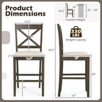 Lot de 2 tabourets de bar Costway en bois d'hévéa avec dossier en X, sièges rembourrés et repose-pieds (brun foncé et crème/blanc et gris)
