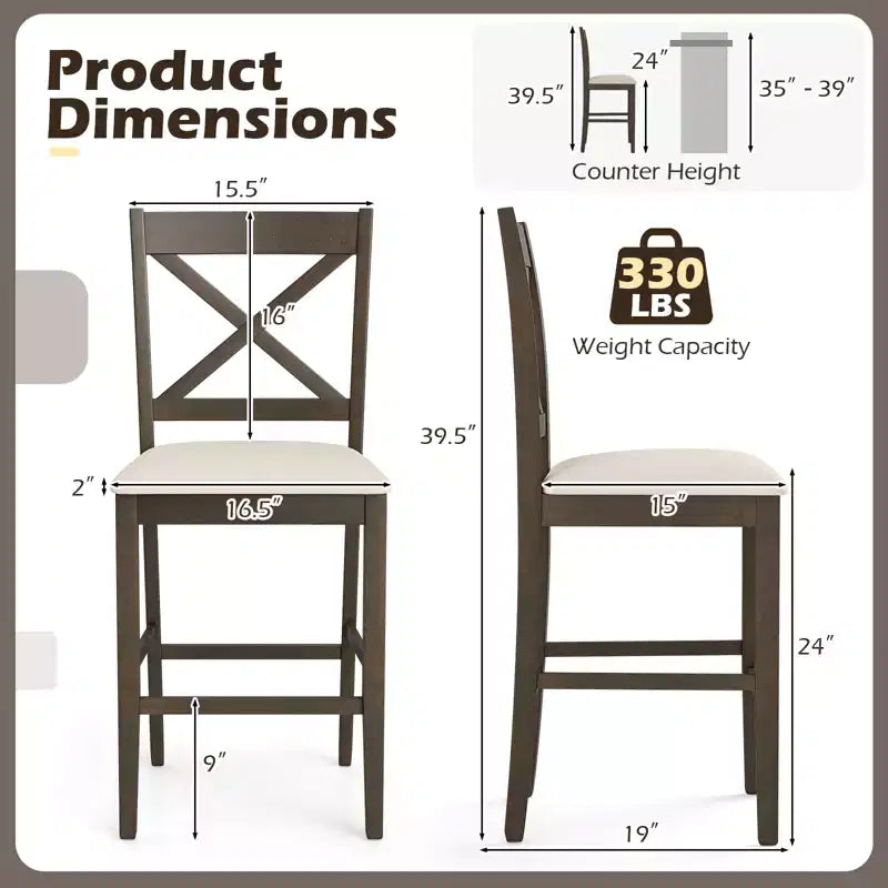 Lot de 2 tabourets de bar Costway en bois d'hévéa avec dossier en X, sièges rembourrés et repose-pieds (brun foncé et crème/blanc et gris)