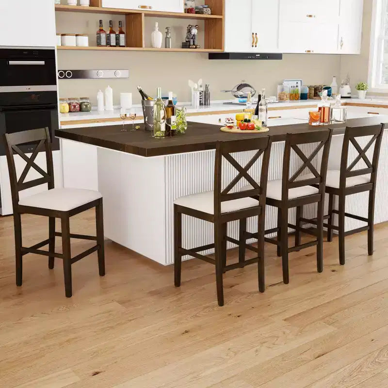 Lot de 2 tabourets de bar Costway en bois d'hévéa avec dossier en X, sièges rembourrés et repose-pieds (brun foncé et crème/blanc et gris)
