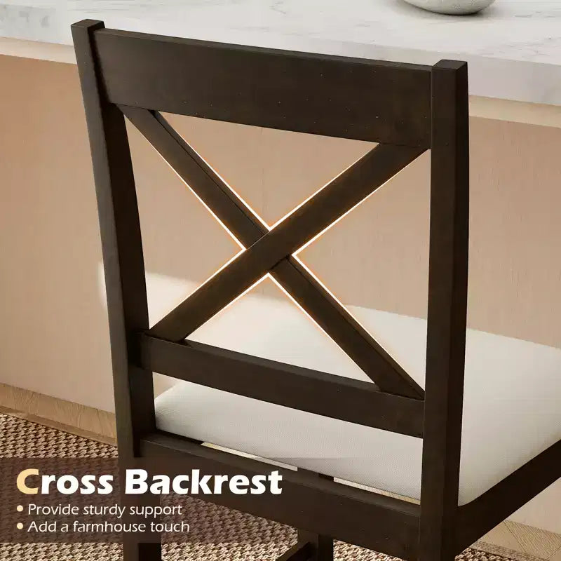 Lot de 2 tabourets de bar Costway en bois d'hévéa avec dossier en X, sièges rembourrés et repose-pieds (brun foncé et crème/blanc et gris)