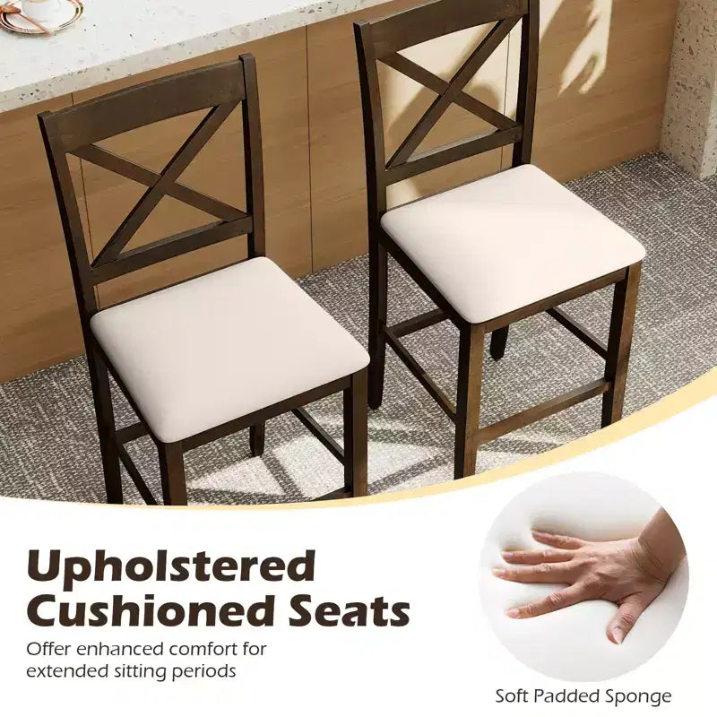Lot de 2 tabourets de bar Costway en bois d'hévéa avec dossier en X, sièges rembourrés et repose-pieds (brun foncé et crème/blanc et gris)