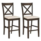 Costway Rubber Wood X-Back Bar Stools Set of 2 with Upholstered Cushioned Seats & Footrests Dark Brown and Cream/White and Gray