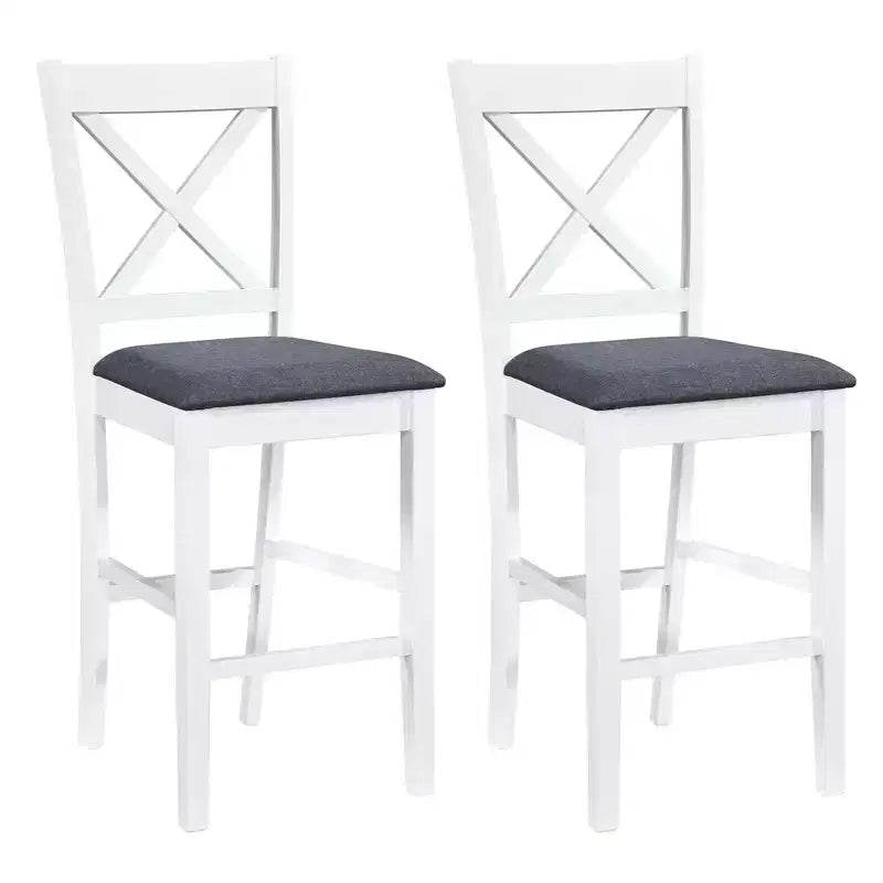 Lot de 2 tabourets de bar Costway en bois d'hévéa avec dossier en X, sièges rembourrés et repose-pieds (brun foncé et crème/blanc et gris)