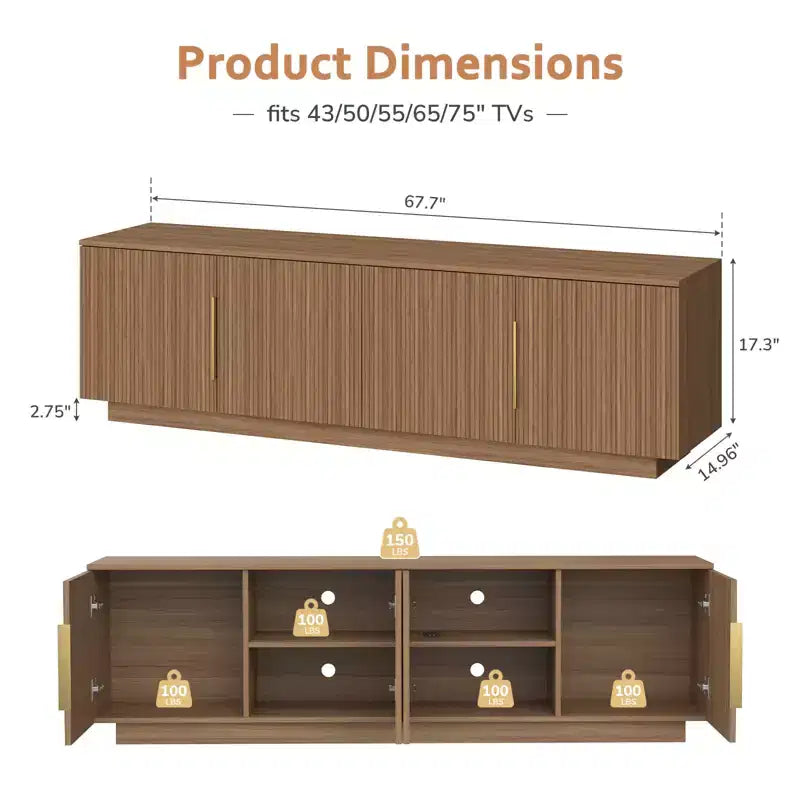 Meuble TV Zevemomo 67.7 de style rustique pour téléviseur de 75 pouces avec lumières LED 16 couleurs, 6 compartiments de rangement, console multimédia pour salon, marron