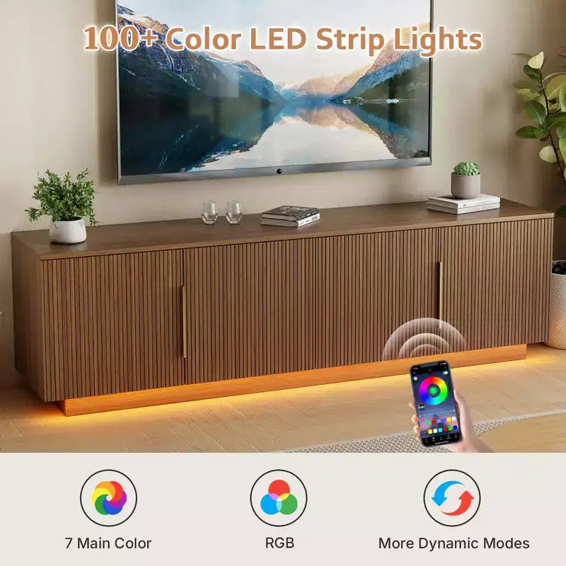 Meuble TV Zevemomo 67.7 de style rustique pour téléviseur de 75 pouces avec lumières LED 16 couleurs, 6 compartiments de rangement, console multimédia pour salon, marron