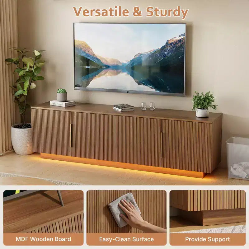 Meuble TV Zevemomo 67.7 de style rustique pour téléviseur de 75 pouces avec lumières LED 16 couleurs, 6 compartiments de rangement, console multimédia pour salon, marron