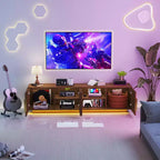 Meuble TV Zevemomo 67.7 de style rustique pour téléviseur de 75 pouces avec lumières LED 16 couleurs, 6 compartiments de rangement, console multimédia pour salon, marron