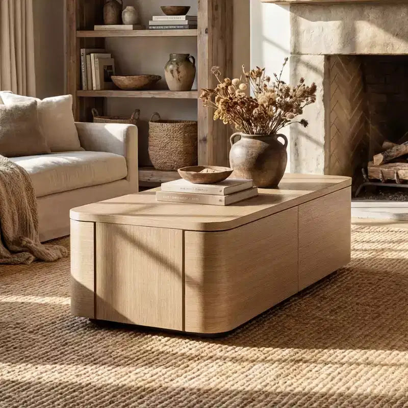 Table basse Homsee 4 tiroirs avec rangement – Table d'appoint moderne pour salon, finition chêne clair