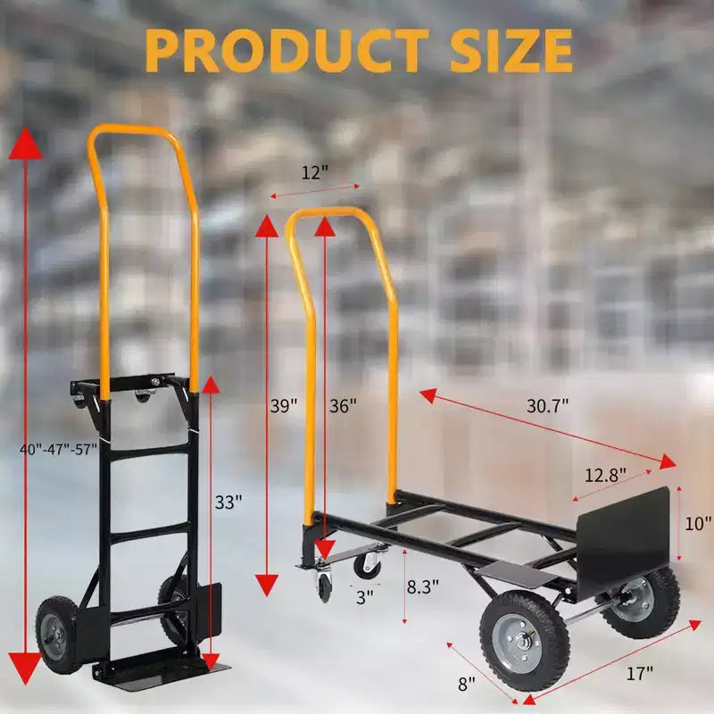 Diable convertible, chariot pliant 2 en 1 avec 4 roues increvables, capacité de 180 kg, pour déménagement, entrepôt, bureau et usage industriel