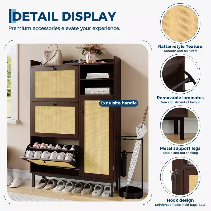 Meuble à chaussures autoportant pour entrée avec 3 tiroirs basculants, Organisateur de rangement à chaussures en bois moderne avec pieds en métal pour couloir et petits espaces