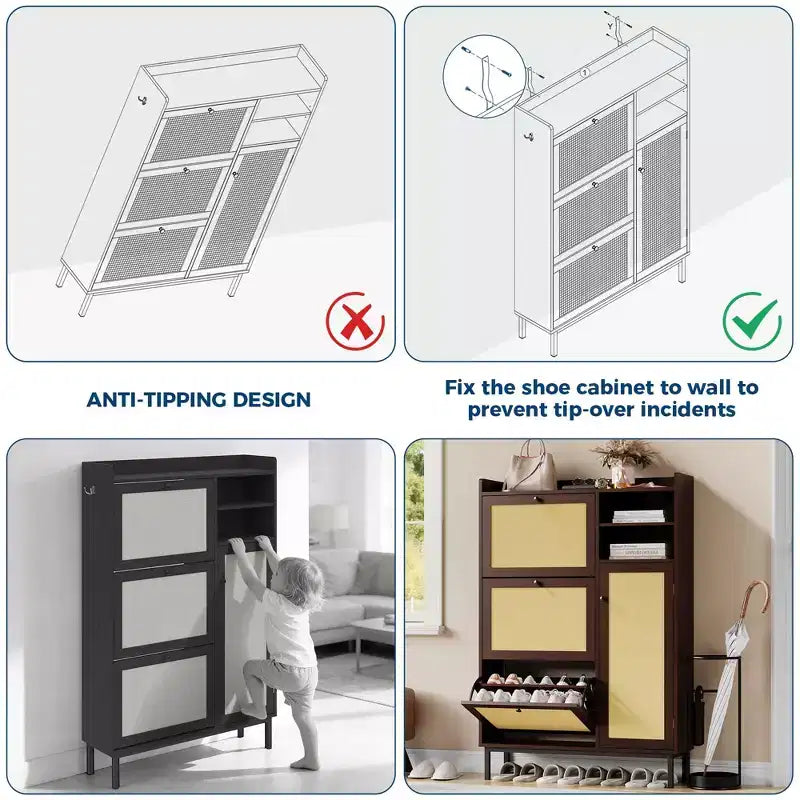 Meuble à chaussures autoportant pour entrée avec 3 tiroirs basculants, Organisateur de rangement à chaussures en bois moderne avec pieds en métal pour couloir et petits espaces