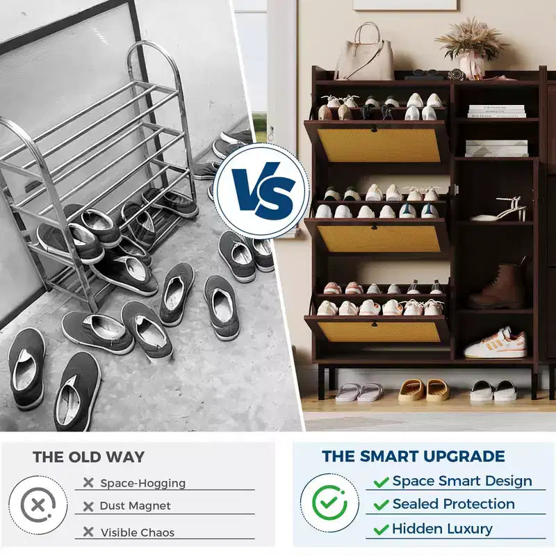 Meuble à chaussures autoportant pour entrée avec 3 tiroirs basculants, Organisateur de rangement à chaussures en bois moderne avec pieds en métal pour couloir et petits espaces
