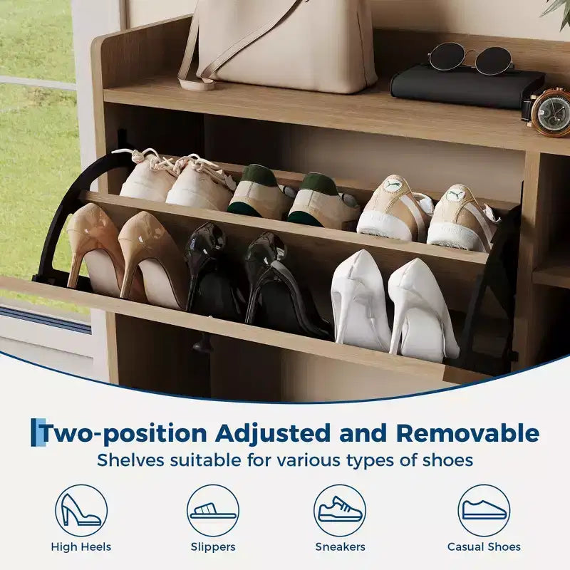 Meuble à chaussures autoportant pour entrée avec 3 tiroirs basculants, Organisateur de rangement à chaussures en bois moderne avec pieds en métal pour couloir et petits espaces