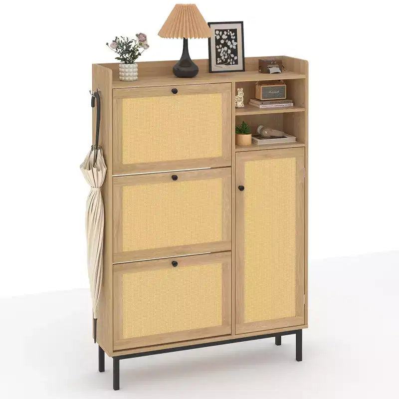 Meuble à chaussures autoportant pour entrée avec 3 tiroirs basculants, Organisateur de rangement à chaussures en bois moderne avec pieds en métal pour couloir et petits espaces