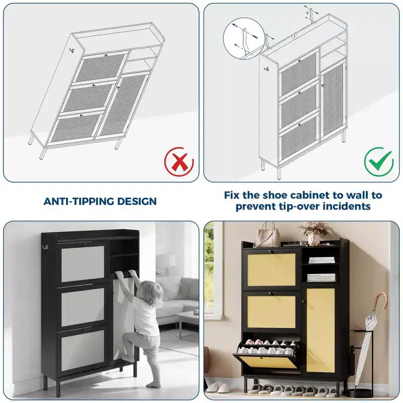 Meuble à chaussures autoportant pour entrée avec 3 tiroirs basculants, Organisateur de rangement à chaussures en bois moderne avec pieds en métal pour couloir et petits espaces