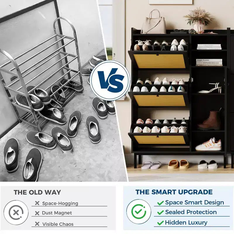 Meuble à chaussures autoportant pour entrée avec 3 tiroirs basculants, Organisateur de rangement à chaussures en bois moderne avec pieds en métal pour couloir et petits espaces