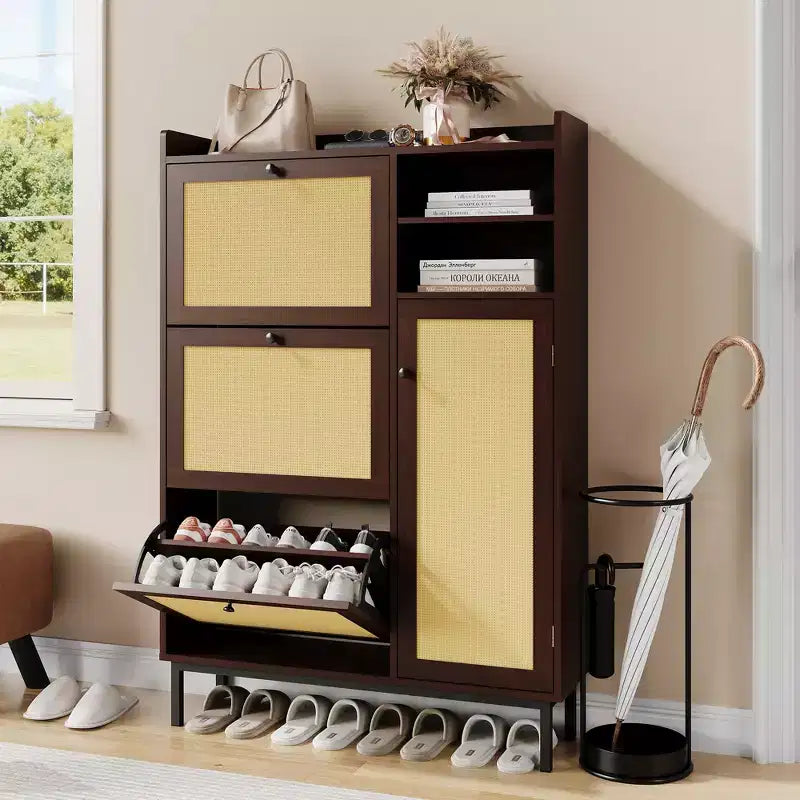 Meuble à chaussures autoportant pour entrée avec 3 tiroirs basculants, Organisateur de rangement à chaussures en bois moderne avec pieds en métal pour couloir et petits espaces