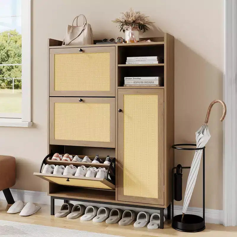 Meuble à chaussures autoportant pour entrée avec 3 tiroirs basculants, Organisateur de rangement à chaussures en bois moderne avec pieds en métal pour couloir et petits espaces
