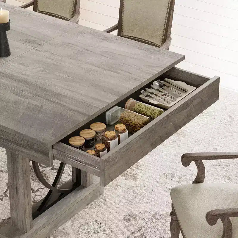 Table à manger rectangulaire en bois, style ferme, de 71 po, pour 6 à 8 personnes, table de cuisine avec 2 grands tiroirs et plateau épais, cadre robuste pour grande famille
