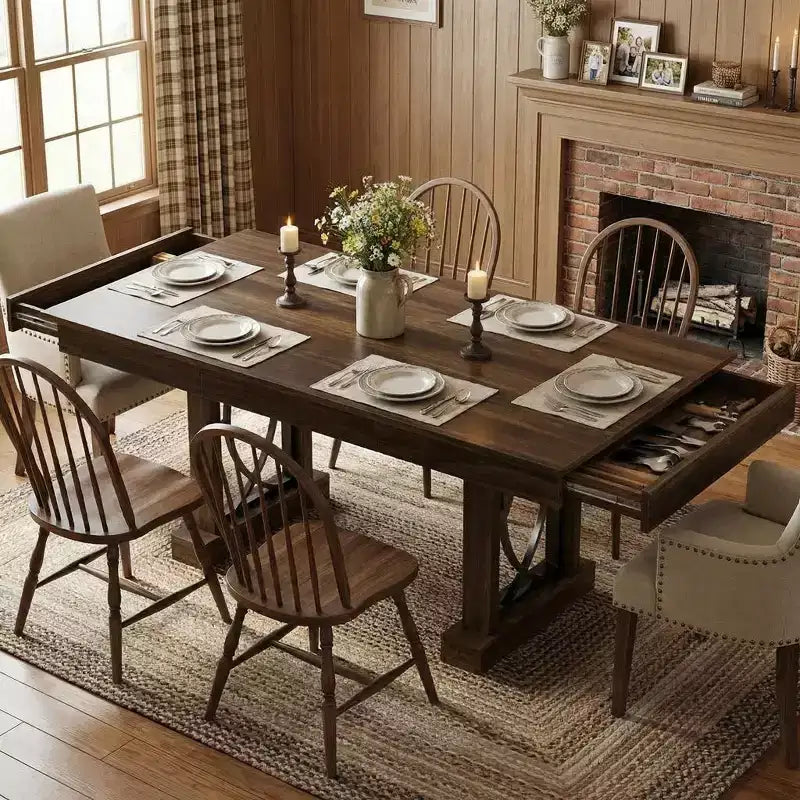 Table à manger rectangulaire en bois, style ferme, de 71 po, pour 6 à 8 personnes, table de cuisine avec 2 grands tiroirs et plateau épais, cadre robuste pour grande famille