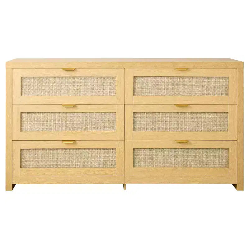 VEVOR 6 Drawer Rattan Dresser, Double Dresser for Bedroom, Natural Rattan Chest of Drawer with Metal Handle, Wood Color