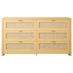 VEVOR 6 Drawer Rattan Dresser, Double Dresser for Bedroom, Natural Rattan Chest of Drawer with Metal Handle, Wood Color