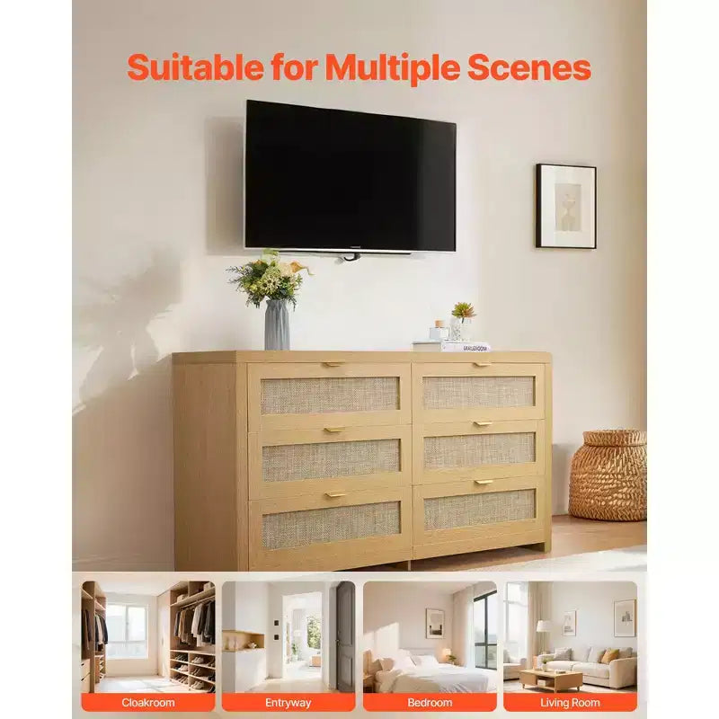 Commode en rotin à 6 tiroirs VEVOR, commode double pour chambre à coucher, commode en rotin naturel avec poignée en métal, couleur bois