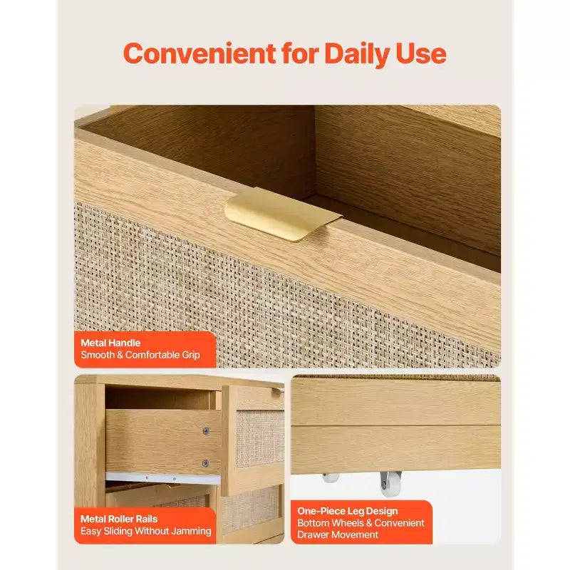Commode en rotin à 6 tiroirs VEVOR, commode double pour chambre à coucher, commode en rotin naturel avec poignée en métal, couleur bois