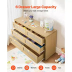 Commode en rotin à 6 tiroirs VEVOR, commode double pour chambre à coucher, commode en rotin naturel avec poignée en métal, couleur bois