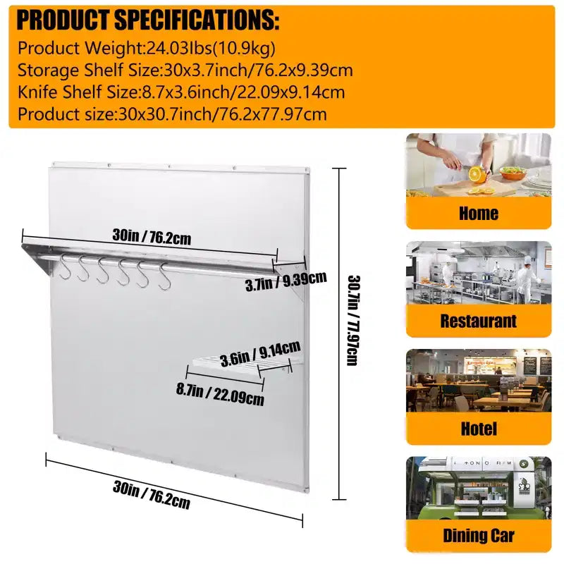 Dosseret de cuisinière en acier inoxydable avec étagère de rangement et porte-couteaux, protection murale avec trous de pré-installation