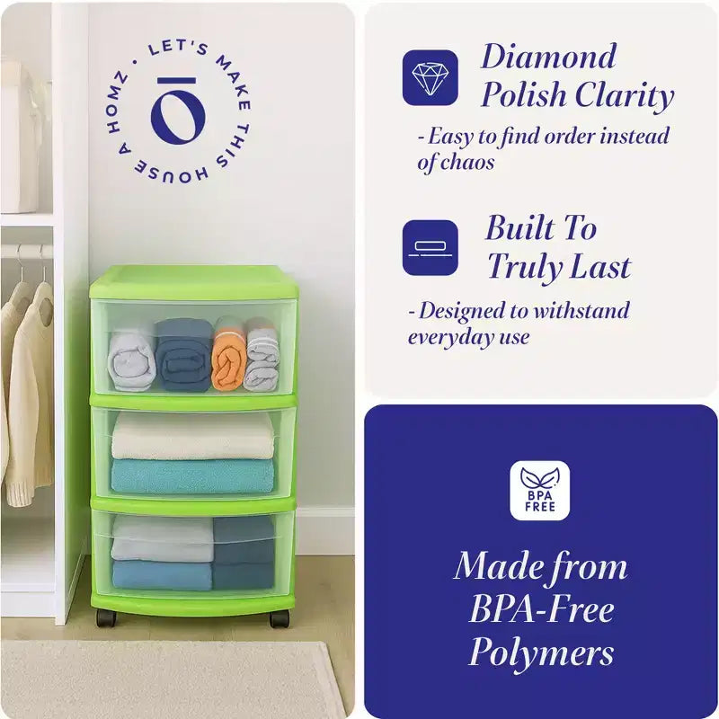 HOMZ Chariot de rangement 3 tiroirs avec roulettes amovibles, moyen, cadre violet