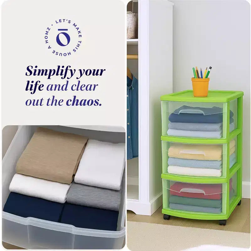 HOMZ Chariot de rangement 3 tiroirs avec roulettes amovibles, moyen, cadre violet