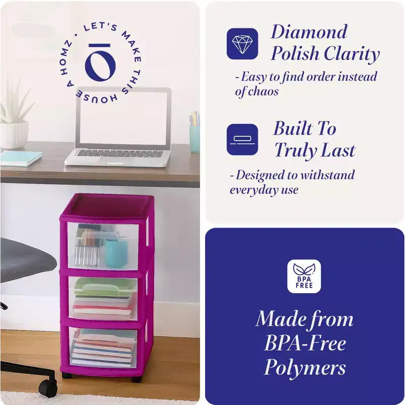 HOMZ Chariot de rangement 3 tiroirs avec roulettes amovibles, moyen, cadre violet