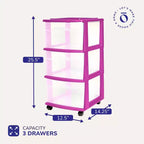 HOMZ Chariot de rangement 3 tiroirs avec roulettes amovibles, moyen, cadre violet