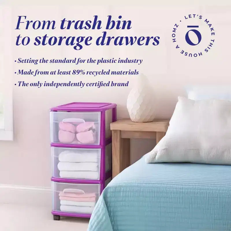 HOMZ Chariot de rangement 3 tiroirs avec roulettes amovibles, moyen, cadre violet