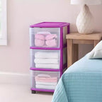 HOMZ Chariot de rangement 3 tiroirs avec roulettes amovibles, moyen, cadre violet