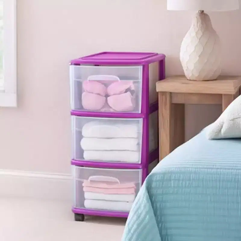 HOMZ Chariot de rangement 3 tiroirs avec roulettes amovibles, moyen, cadre violet